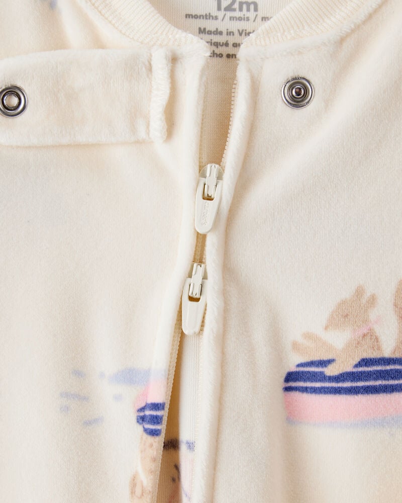 Baby Girl Snow Animals Loose Fit Long-Sleeve 2-Way Zip 1-Piece Pajamas - Ivory, image 2 of 4 slides