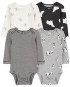 Baby 4-Pack Long-Sleeve Winter Animals Bodysuits, image 1 of 7 slides