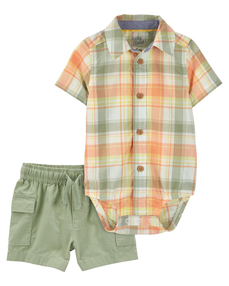 Baby 2-Piece Plaid Button-Front Bodysuit & Cargo Trail Shorts Set
, image 1 of 5 slides