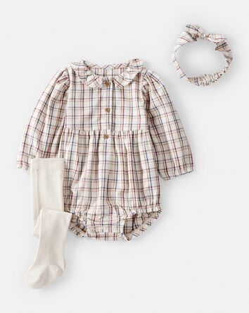 Baby Girl 3-Piece Plaid Bubble Outfit Set, 