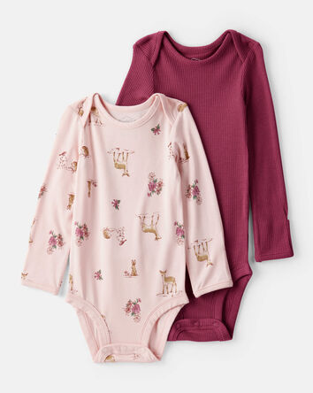 Baby Girl 2-Pack Deer & Floral Print PurelySoft Long-Sleeve Multipack Bodysuits - Burgundy/Pink, 