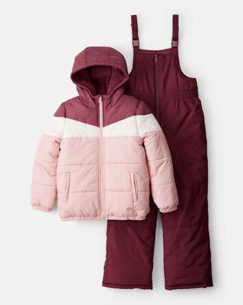 Girls 2-Piece Color Block Hooded Snowsuit Jacket & Bib Set - Pink/Red, 