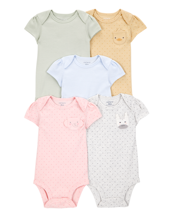 Baby Girl 5-Pack Animal Short-Sleeve Cotton Bodysuits, 