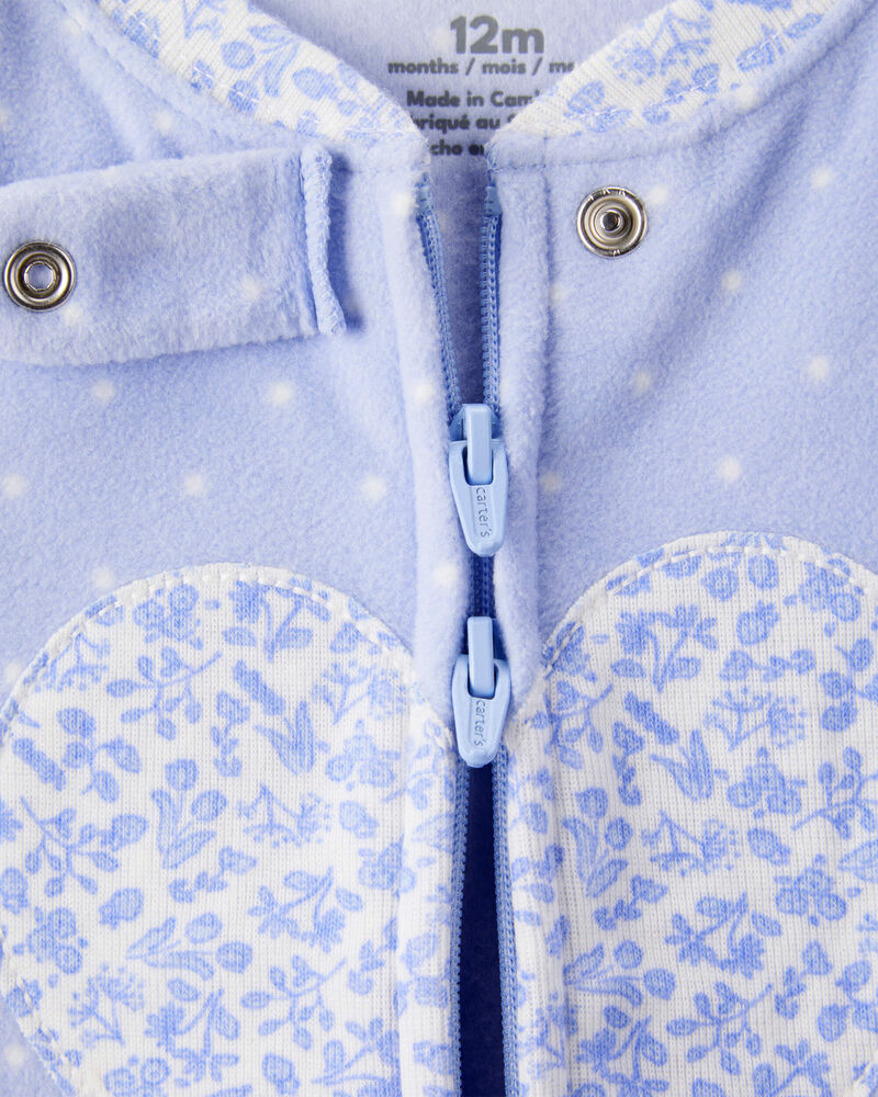 Baby Girl Heart Print Loose Fit Long-Sleeve 2-Way Zip 1-Piece Pajamas - Blue, image 3 of 5 slides