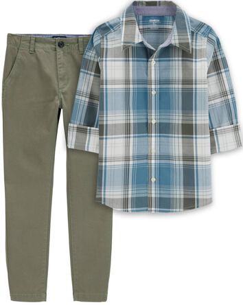 Kid 2-Piece Plaid Button-Front Shirt & Chino Pants Set, 