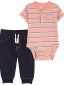 Pink/Navy - Baby 2-Piece Striped Henley Bodysuit Pant Set