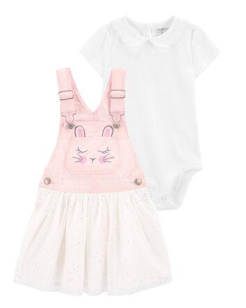 Baby 2-Piece Peter Pan Collar Bodysuit & Bunny Jumper Dress Set, 