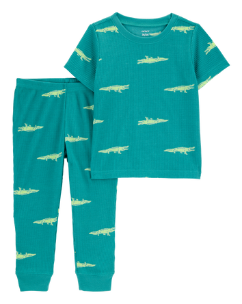 Toddler Boy Alligator Print Loose Fit Waffle Knit 2-Piece Pajamas - Green, 