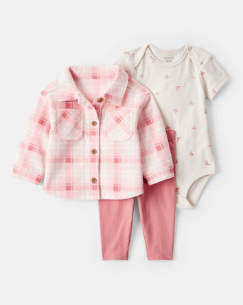 Baby Girl 3-Piece Plaid Print Fleece Jacket, Bodysuit & Pant Set - Pink, 