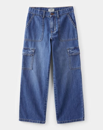 Kid  High Rise Cargo Denim Jeans - Blue Wash, 
