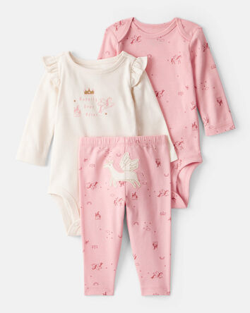 Baby Girl 3-Piece Unicorn Star Print Cotton Long-Sleeve Bodysuit & Pant Set - Pink/White, 