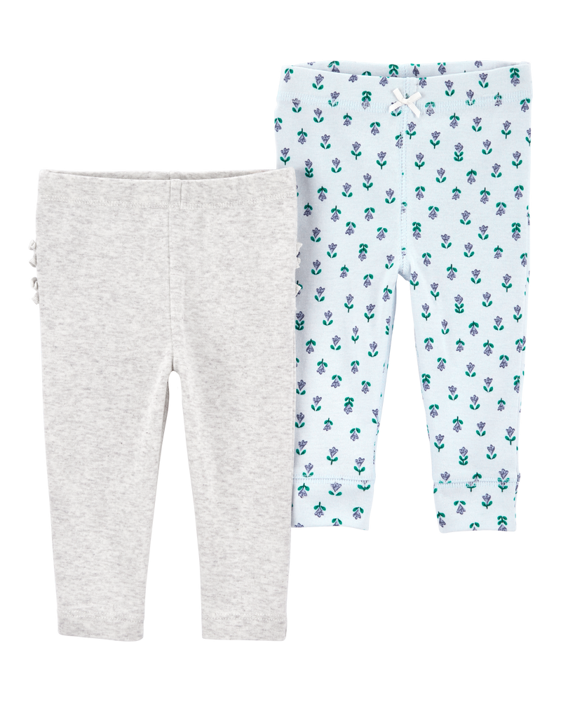 Baby 2-Pack Floral Pull-On Pants - Grey/Blue, image 6 of 10 slides