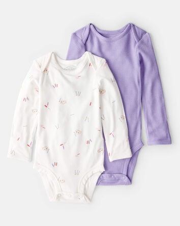 Baby Girl Paint Print PurelySoft Long-Sleeve Multipack Bodysuits - White/Purple, 
