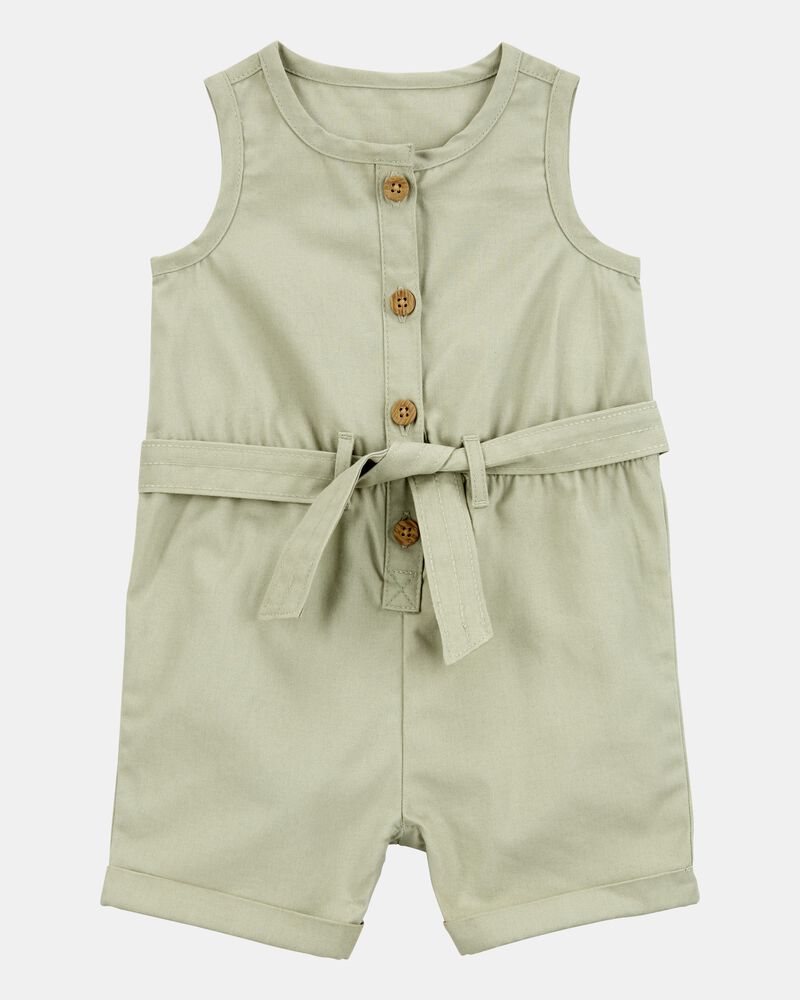 Baby Girl Sleeveless Canvas Romper - Olive, image 1 of 3 slides