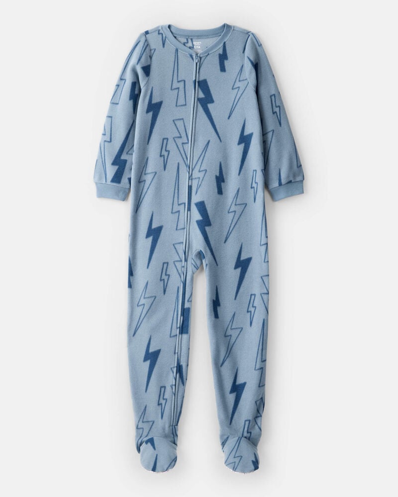 Boys Lightning Print Fleece Long-Sleeve Loose Fit 1-Piece Pajamas - Blue, image 1 of 3 slides