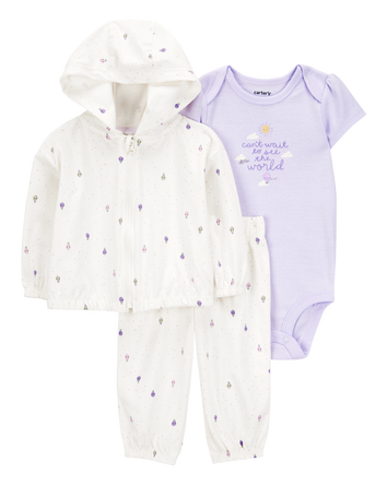 Baby Girl 3-Piece Hot Air Balloon Print Little Cardigan Set - White/Purple, 