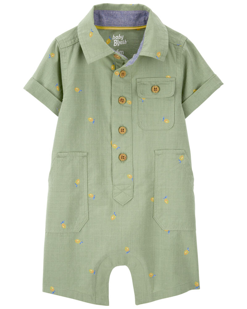 Baby Lemon Print Button-Front Romper, image 1 of 3 slides