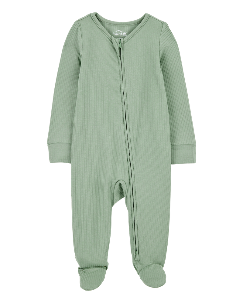 Baby Solid 2-Way Zip PurelySoft Sleep & Play Pajamas - Green, image 1 of 5 slides