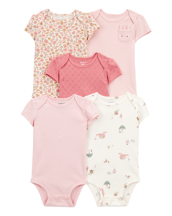 Baby Girl 5-Pack Floral Bunny Short-Sleeve Cotton Bodysuits - Pink, 