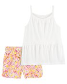 Kid 2-Piece Crinkle Jersey Strap Tank &  Floral Linen Shorts Set
, image 1 of 4 slides