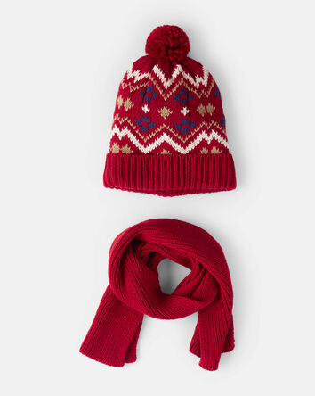 Boys 2-Piece Fair Isle Winter Hat & Scarf - Red, 