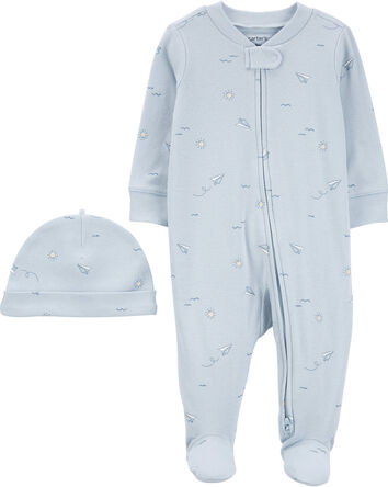 Blue Airplane 2-Piece Sleep and Play and Cap Set, 