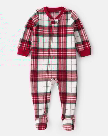 Baby Plaid Print Fleece Long-Sleeve Loose Fit 1-Piece Pajamas - Red/White, 