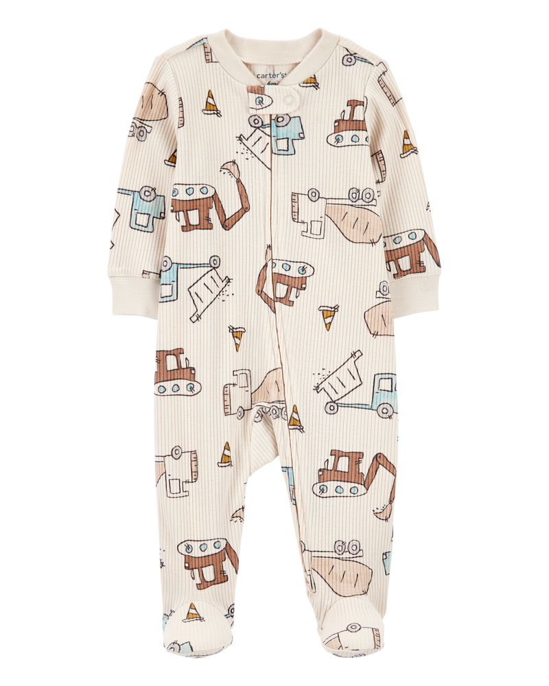 Baby Boy Construction 2-Way Zip Ribbed Sleep & Play Pajamas, image 1 of 3 slides
