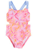 Pink - Baby Palm Print 1-Piece Cut-Out Swimsuit