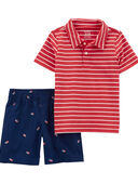 Red - Toddler 2-Piece Striped Polo Shirt & Short Set