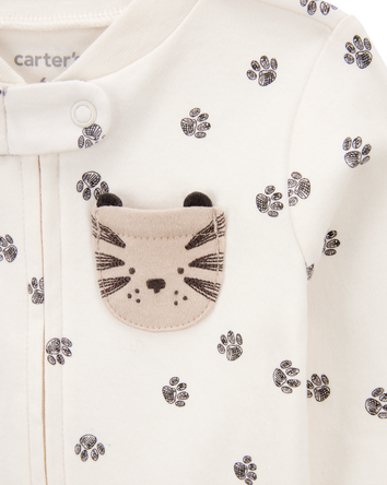 Baby Boy Tiger Print 2-Way Zip Cotton Sleep & Play Pajamas - Ivory, 