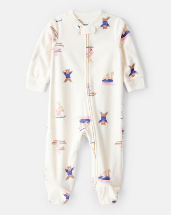 Baby Girl Animal Ski Print Loose Fit Long-Sleeve Sleep & Play Pajamas - Cream, 