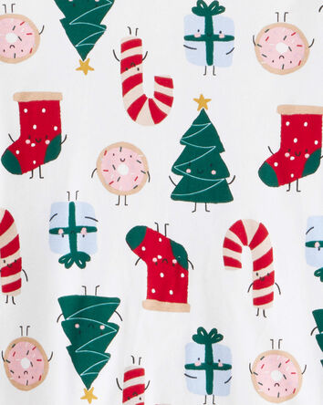 Adult Christmas Print 100% Cotton Long-Sleeve 2-Piece Pajamas - White, 