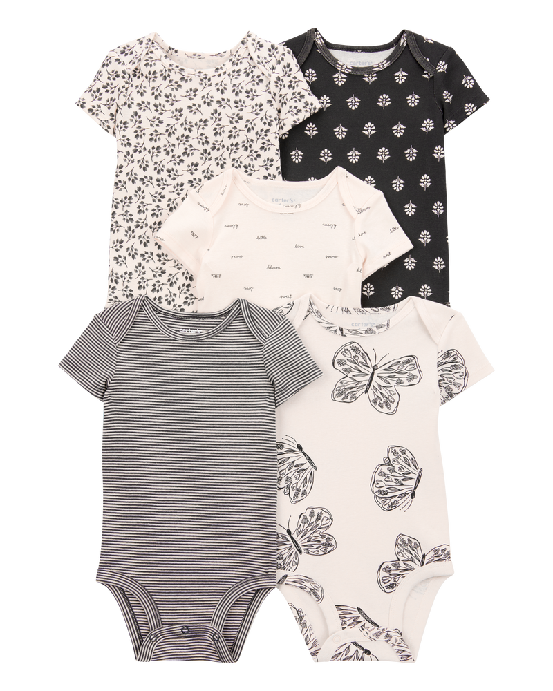 Baby 5-Pack Striped Butterfly Short-Sleeve Cotton Bodysuits - Black/White, image 1 of 7 slides