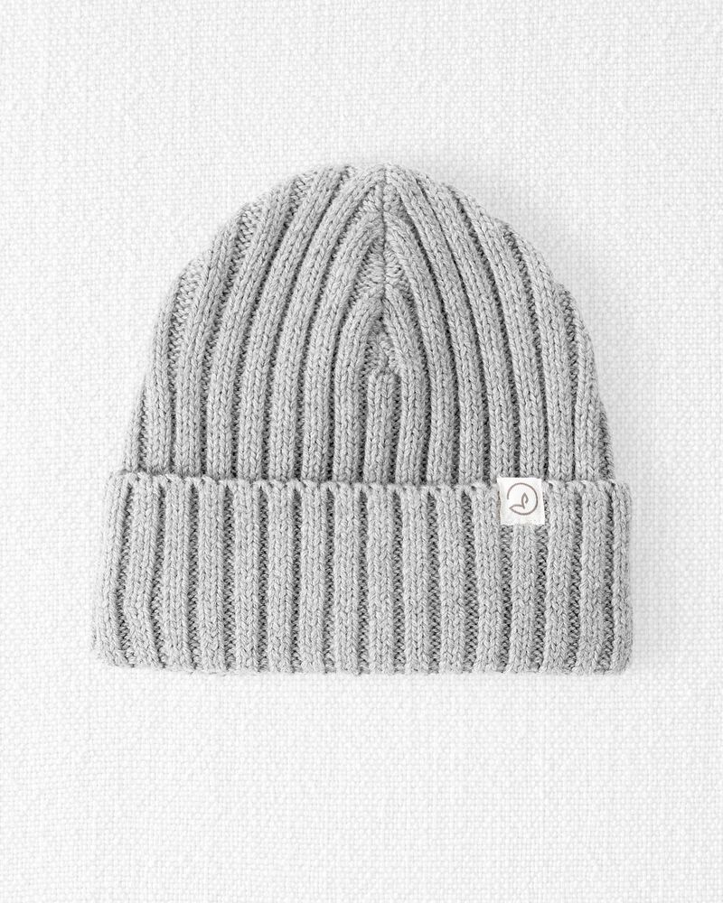 Baby Organic Cotton Ribbed Knit Beanie in Grey, image 1 of 3 slides