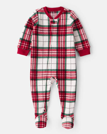 Baby Plaid Print Fleece Long-Sleeve Loose Fit 1-Piece Pajamas - Red/White, 
