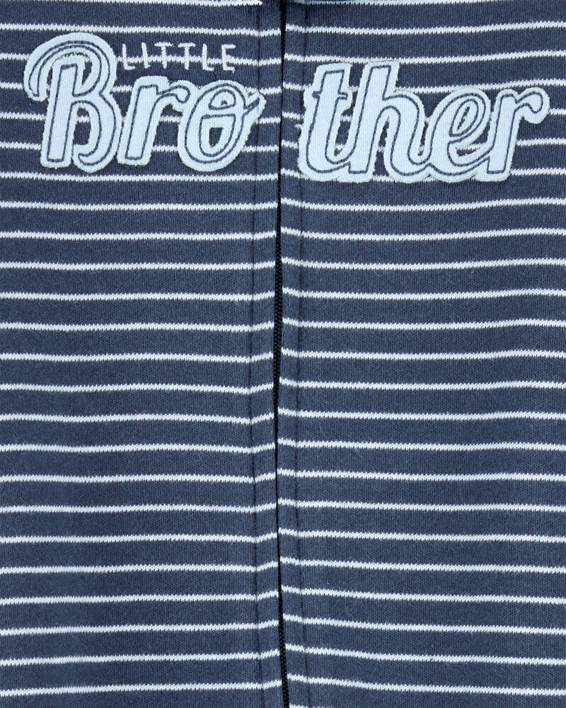 Baby Boy Striped Little Bro 2-Way Zip Cotton Sleep & Play Pajamas - Blue, image 2 of 3 slides