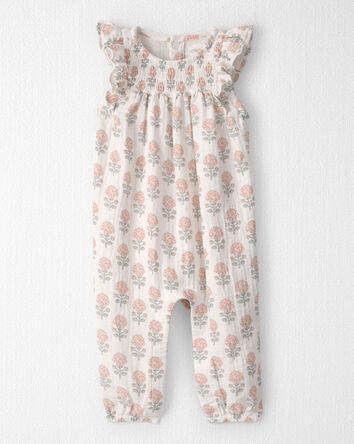 Baby Girl Organic Cotton Gauze Jumpsuit in Rosebud Petal Print, 