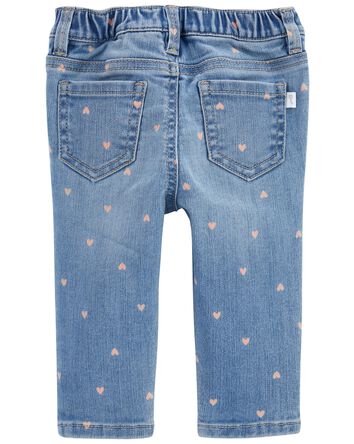 Heart Print Pull-On Denim Pants, 