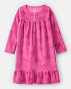 Girls Bow Print Fleece Long-Sleeve Loose Fit Night Gown - Pink, image 1 of 3 slides