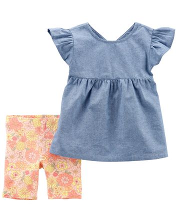 Baby 2-Piece Chambray Flutter Top & Bike Short Set, 