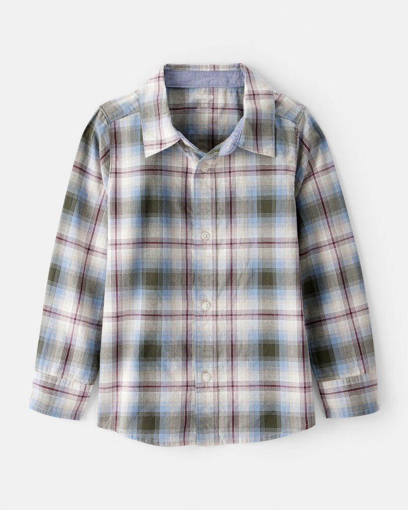 Boys Plaid Cotton Long-Sleeve Button-Down Shirt - Blue, image 1 of 3 slides
