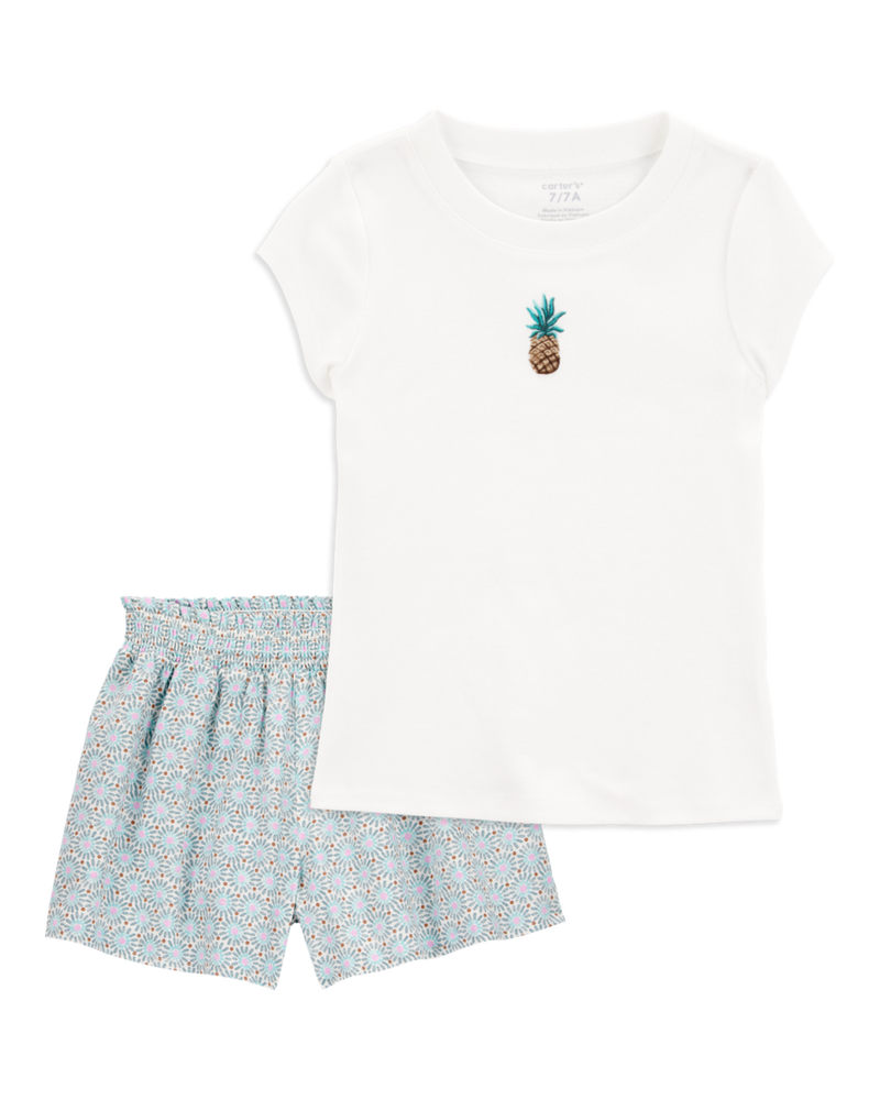 Kid 2-Piece Pineapple Graphic Tee & Linen Look-Alike Flowy Pull-On Shorts Set - White/Blue
, image 1 of 7 slides