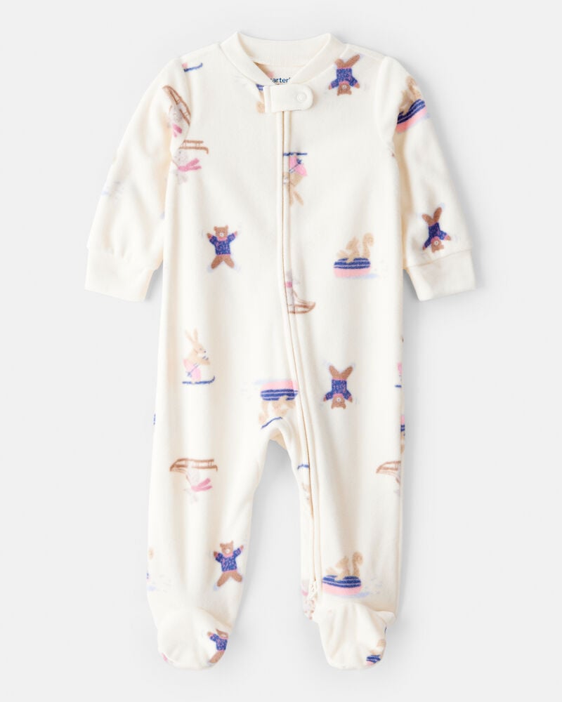 Baby Girl Animal Ski Print Loose Fit Long-Sleeve Sleep & Play Pajamas - Cream, image 1 of 4 slides