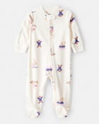 Baby Girl Animal Ski Print Loose Fit Long-Sleeve Sleep & Play Pajamas - Cream, image 1 of 4 slides