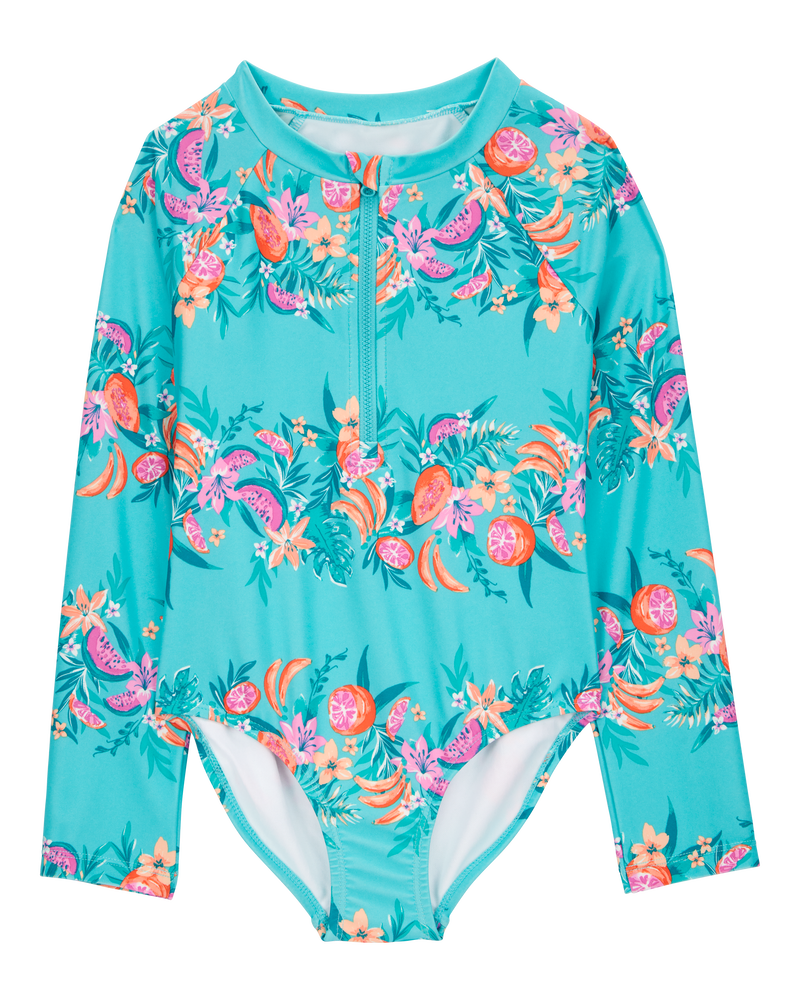 Girls 1-Piece Floral Print Rashguard Swimsuit - Turquoise, image 1 of 4 slides