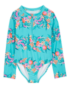 Girls 1-Piece Floral Print Rashguard Swimsuit - Turquoise, image 1 of 4 slides