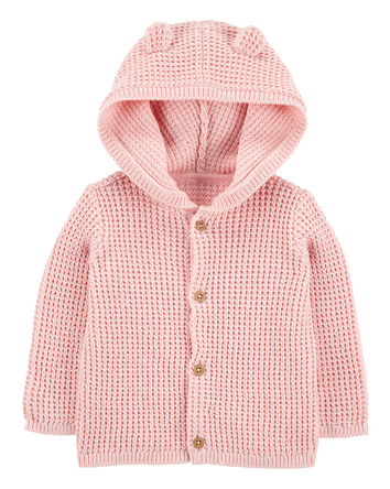 Baby Hooded Waffle Knit Cardigan - Pink, 
