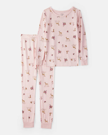 Girls Deer & Floral Print PurelySoft Long-Sleeve 2-Piece Pajamas - Pink, 