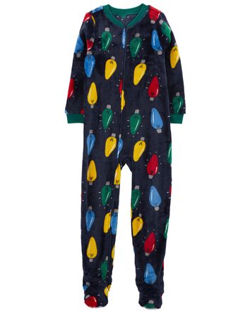 Kid 1-Piece Christmas Lights Velboa Footie Pajamas, 